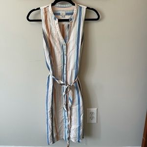 A new day dress, S, waist tie, stripes, pockets